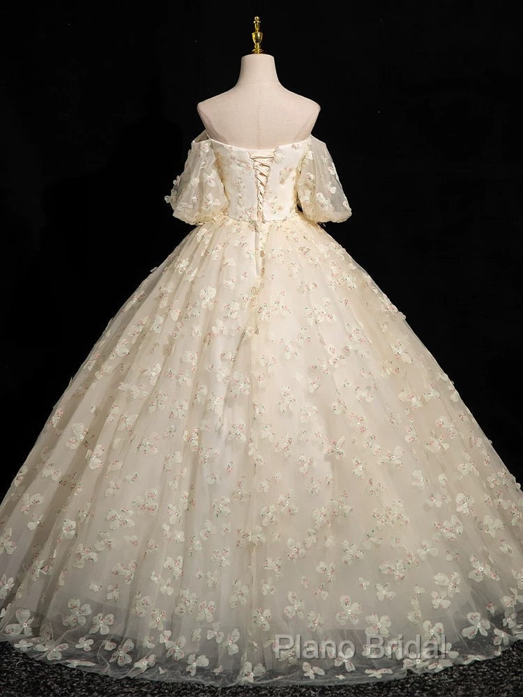 A-Line Puff Sleeves Tulle Lace Champagne Long Formal Prom Dresses, Champagne Formal Dresses