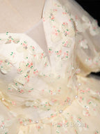 A-Line Puff Sleeves Tulle Lace Champagne Long Formal Prom Dresses, Champagne Formal Dresses