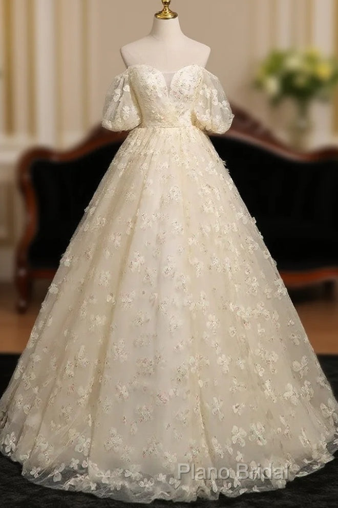 A-Line Puff Sleeves Tulle Lace Champagne Long Formal Prom Dresses, Champagne Formal Dresses Main image