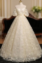 A-Line Puff Sleeves Tulle Lace Champagne Long Formal Prom Dresses, Champagne Formal Dresses