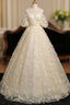 A-Line Puff Sleeves Tulle Lace Champagne Long Formal Prom Dresses, Champagne Formal Dresses