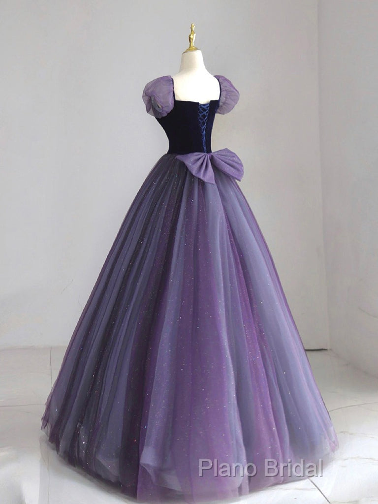 A-Line Puff Sleeves Tulle Velvet Purple Long Formal Prom Dresses, Purple Long Formal Dresses Secondary image