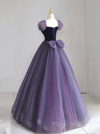 A-Line Puff Sleeves Tulle Velvet Purple Long Formal Prom Dresses, Purple Long Formal Dresses