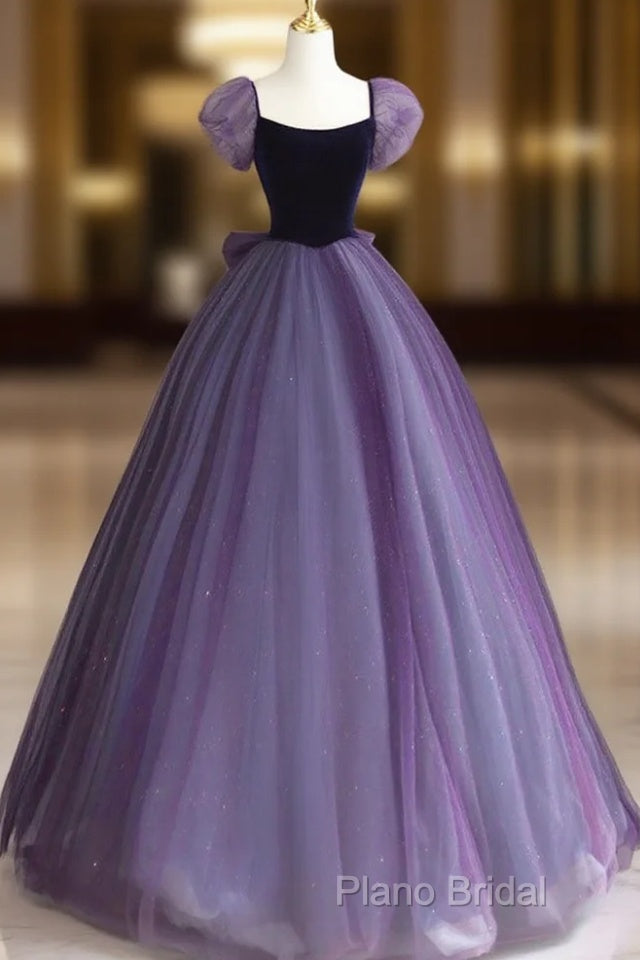 A-Line Puff Sleeves Tulle Velvet Purple Long Formal Prom Dresses, Purple Long Formal Dresses Main image
