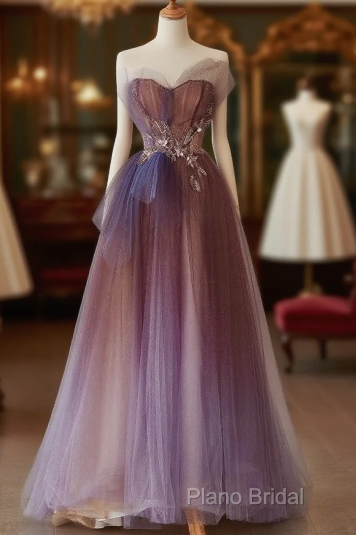 A-Line Purple Gradient Tulle Beaded Long Party Dresses, Purple Tulle Formal Prom Dresses Main image
