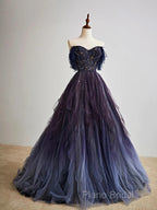 A-Line Purple Gradient Tulle Long Formal Prom Dresses