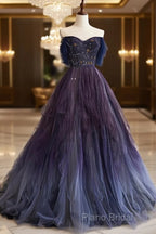 A-Line Purple Gradient Tulle Long Formal Prom Dresses
