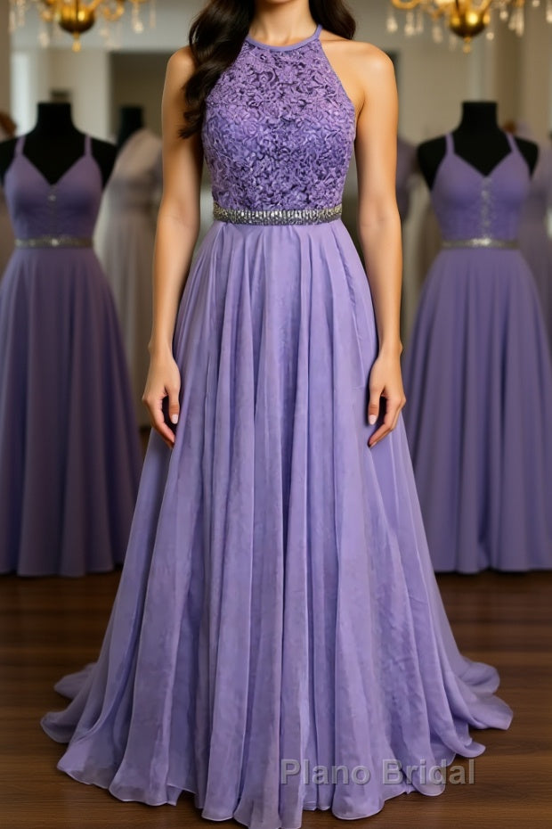 A Line Purple Lace Long Formal Prom Dress with Belt, Purple Lace Formal Dress, Purple Evening Dress, Bridesmaid Dress