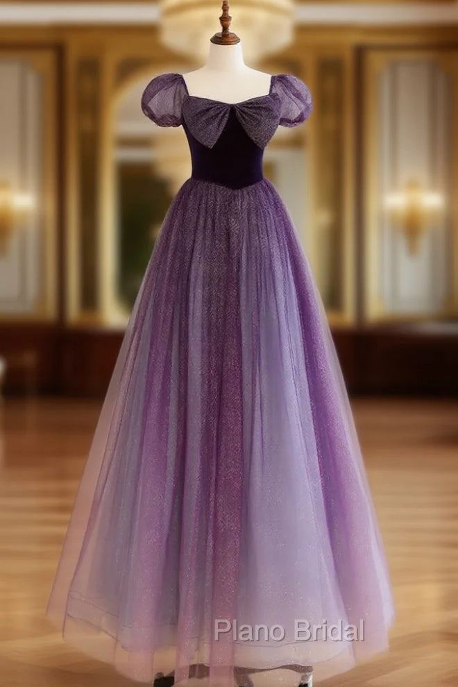 A-Line Purple Long Formal Prom Dresses, Purple Tulle Evening Dresses Main image