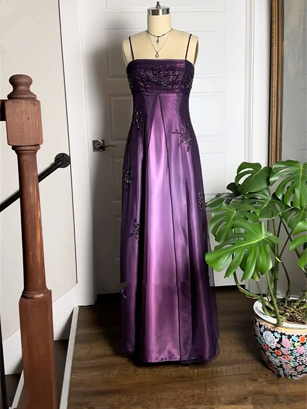 A-Line Purple Satin And Tulle Straps Long Party Dresses, Purple Floor Length Formal Prom Dresses Main image