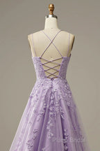 A-Line Purple Spaghetti Straps Long Formal Prom Dresses With Appliques