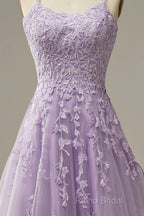 A-Line Purple Spaghetti Straps Long Formal Prom Dresses With Appliques