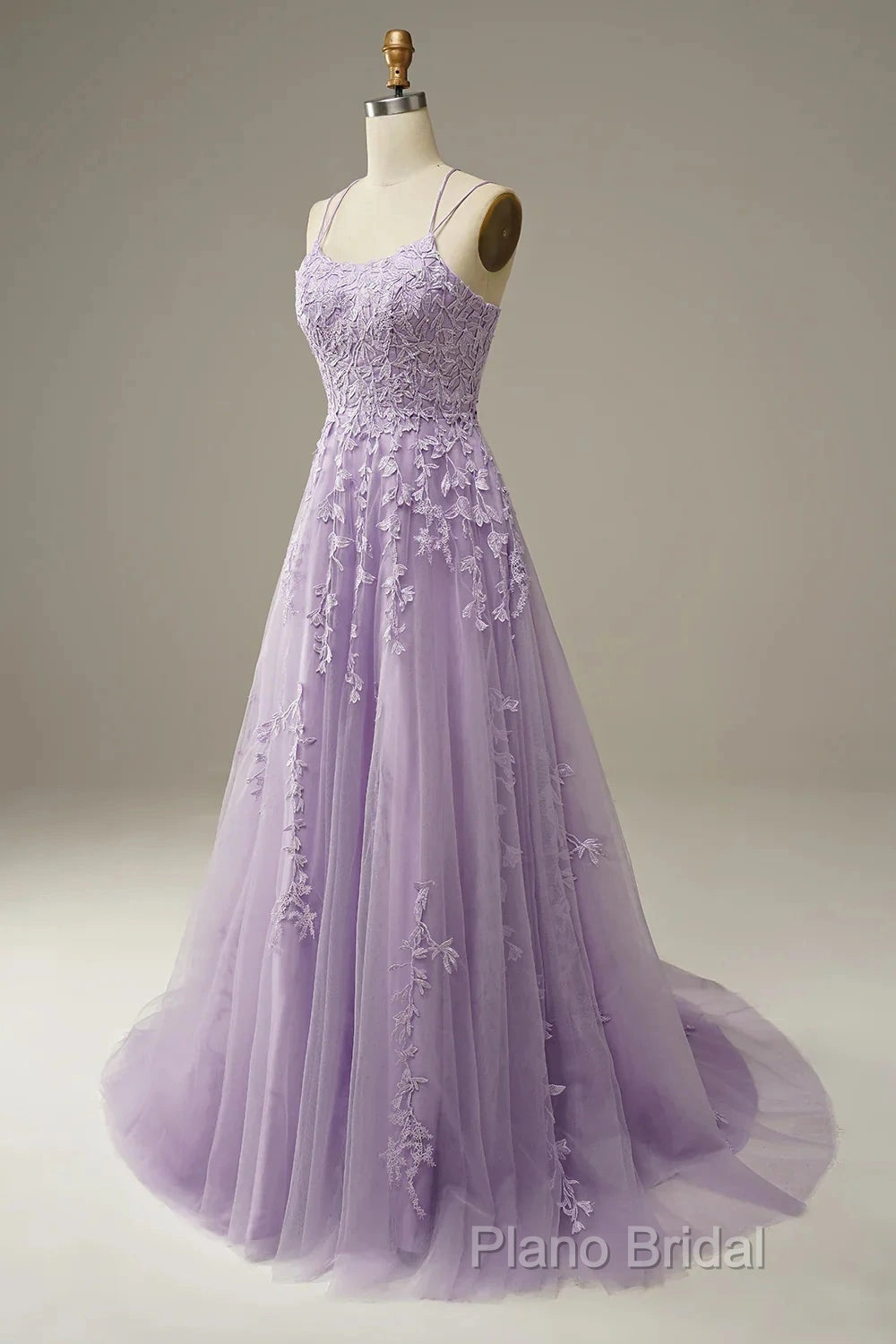 A-Line Purple Spaghetti Straps Long Formal Prom Dresses With Appliques