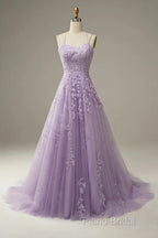 A-Line Purple Spaghetti Straps Long Formal Prom Dresses With Appliques