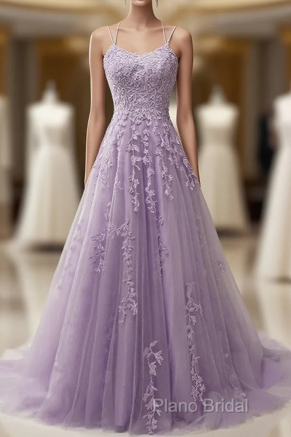 A-Line Purple Spaghetti Straps Long Formal Prom Dresses With Appliques Main image