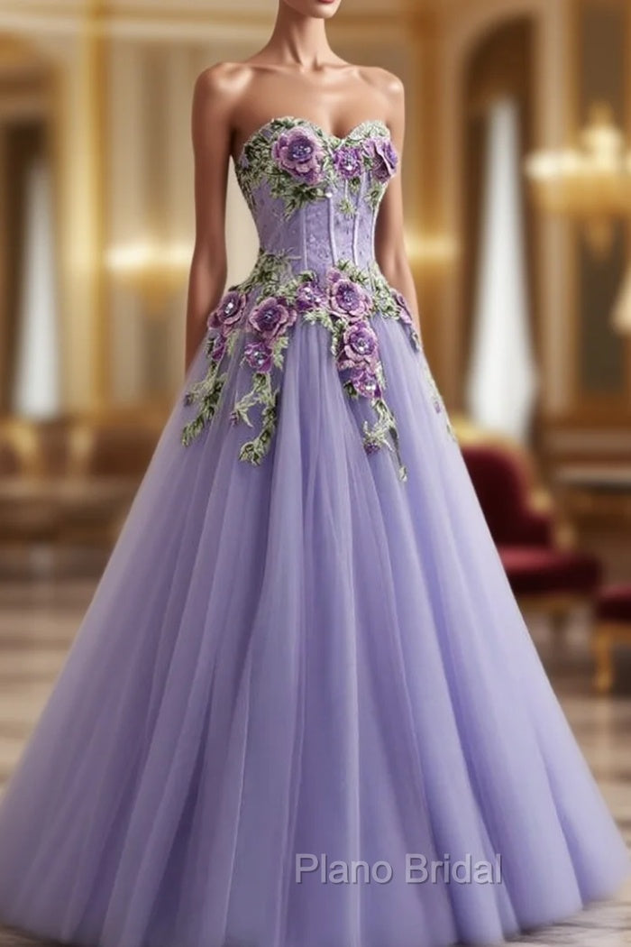 A-Line Purple Tulle Embroidery Appliques Sweetheart Neck Formal Prom Dresses Main image