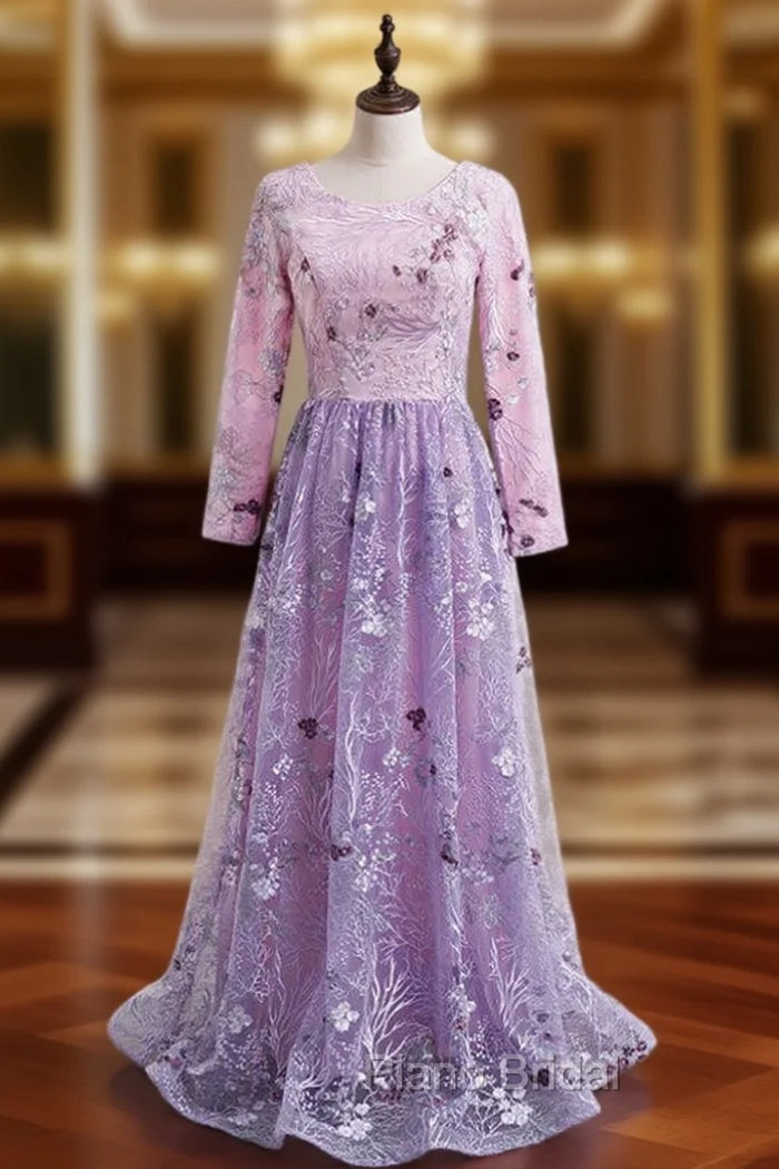 A-Line Purple Tulle Embroidery Long Sleeve Formal Prom Dresses Main image