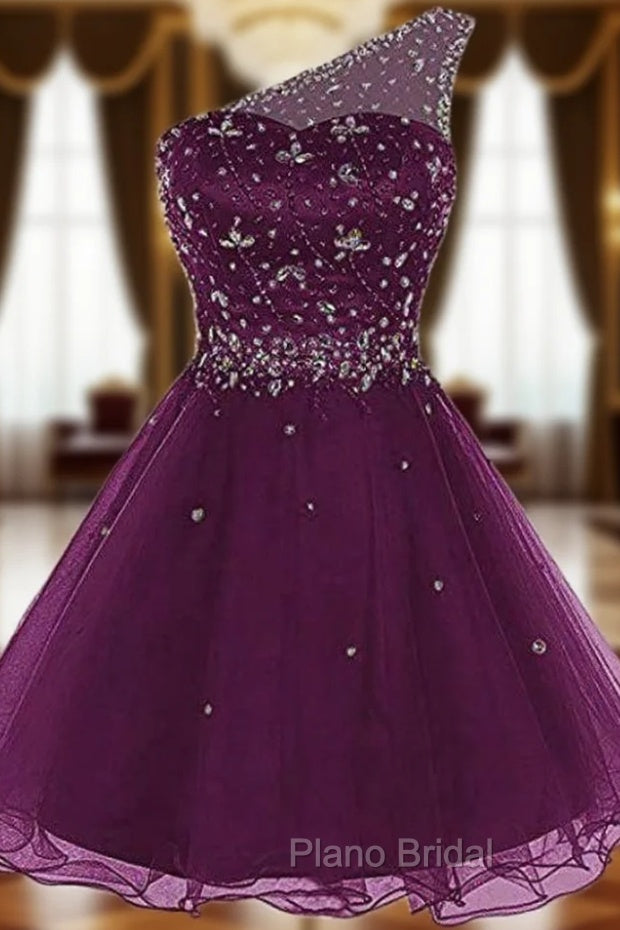A-Line Purple Tulle One Sholuder Beading Crystal Homecoming Dresses Main image