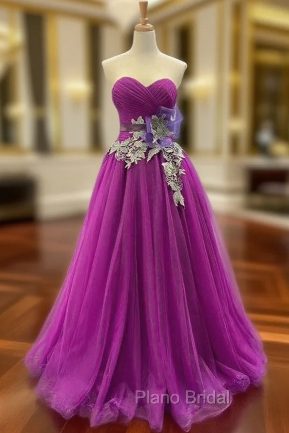 A-Line Purple Tulle Sweetheart Pleats Formal Prom Dresses Main image