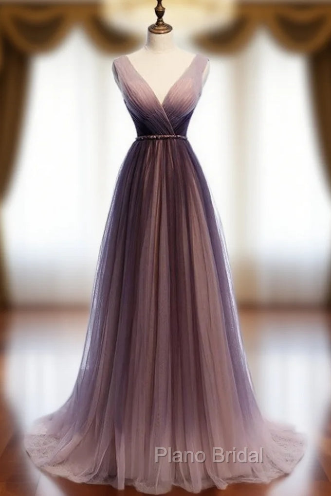 A-line Purple Tulle V-Neck Pleats Sleeveless Formal Prom Dresses Main image
