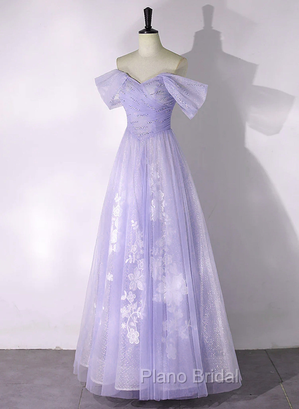 A-line Purple Tulle with Lace Off Shoulder Formal Dresses, Purple Tulle Formal Prom Dresses Secondary image