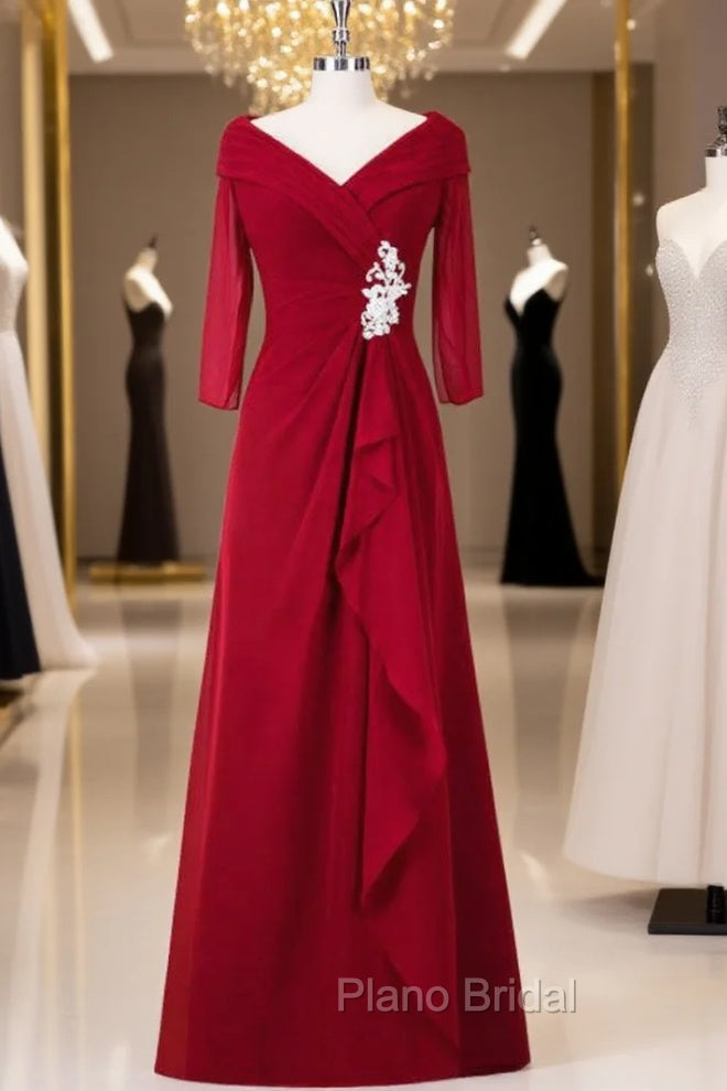 A Line Red Full Sleeve V-Neck Long Mother of the Bride Dressess Main image