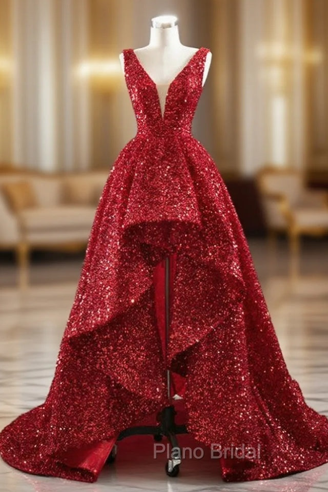 A-line Red  Sequins V-neck Formal Prom Dresses Main image