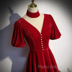 A-Line Red High Neckline Velvet Long Party Dresses Short Sleeves Velvet Formal Prom Dresses