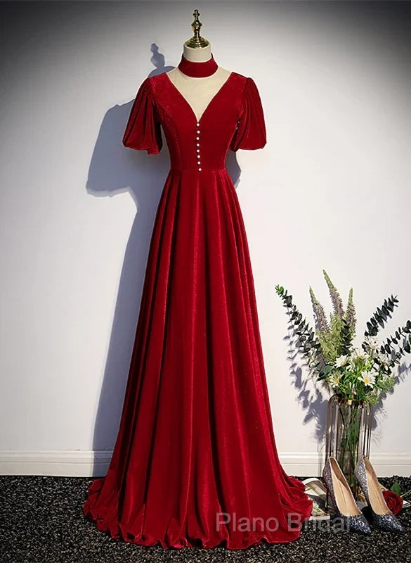 A-Line Red High Neckline Velvet Long Party Dresses Short Sleeves Velvet Formal Prom Dresses