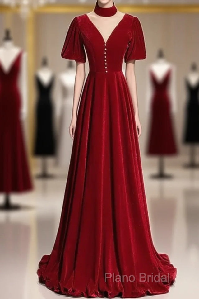 A-Line Red High Neckline Velvet Long Party Dresses Short Sleeves Velvet Formal Prom Dresses