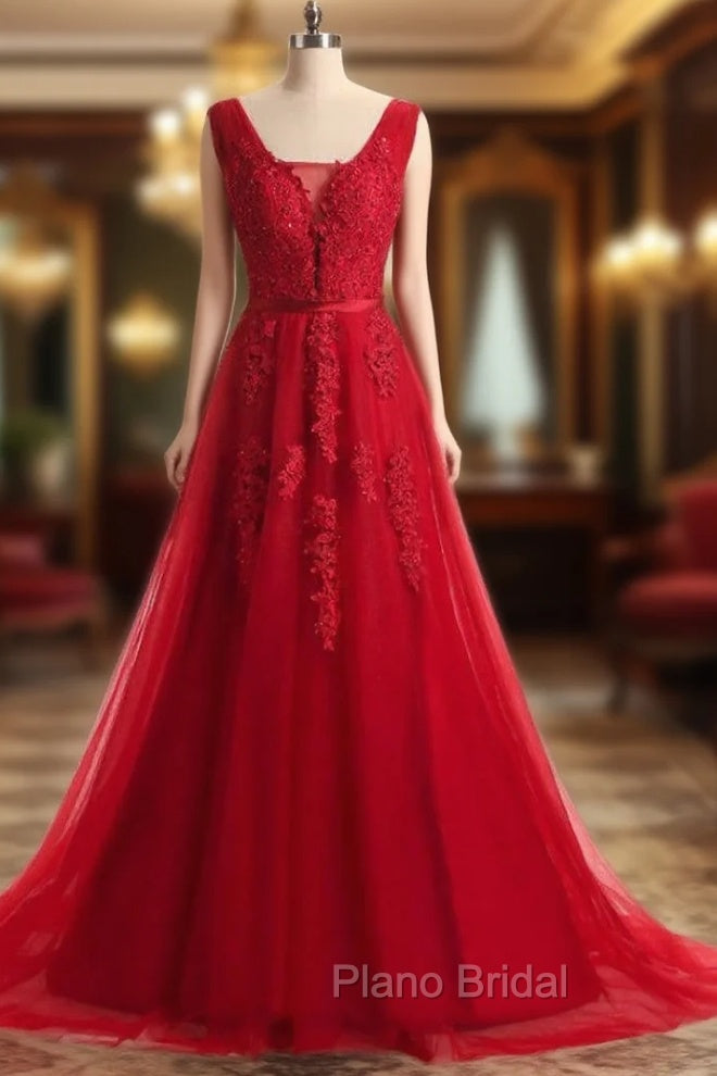 A-line Red Lace V-neck Backless Long Evening Dresses Main image