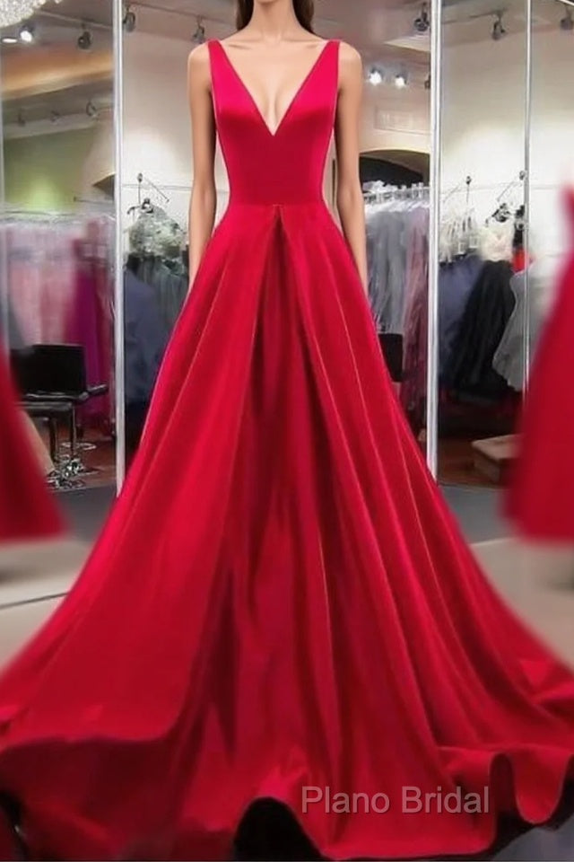 A Line Red Formal Prom Dresses V Neck Satin Long Formal Dresses