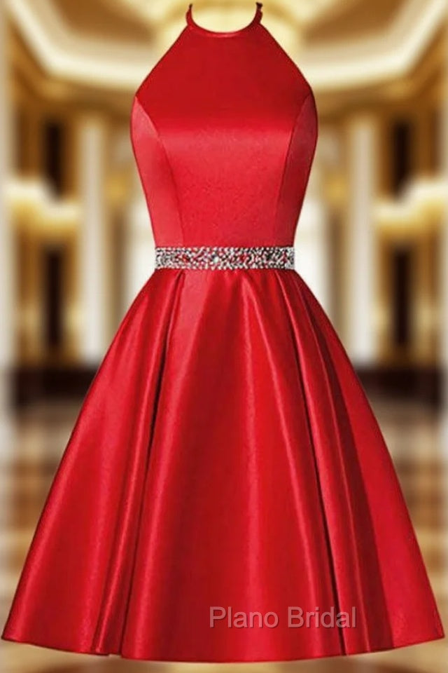 A-Line Red Satin Halter Beaidng Crystal Homecoming Dresses With Pocket Main image