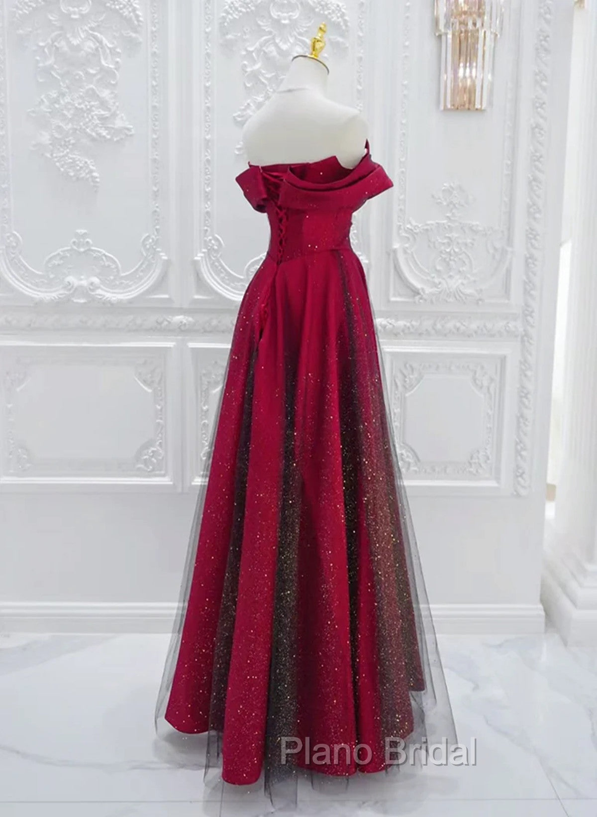 A-Line Red Satin Long Off Shoulder Evening Dresses, Simple Floor Length Formal Prom Dresses Secondary image