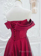A-Line Red Satin Long Off Shoulder Evening Dresses, Simple Floor Length Formal Prom Dresses