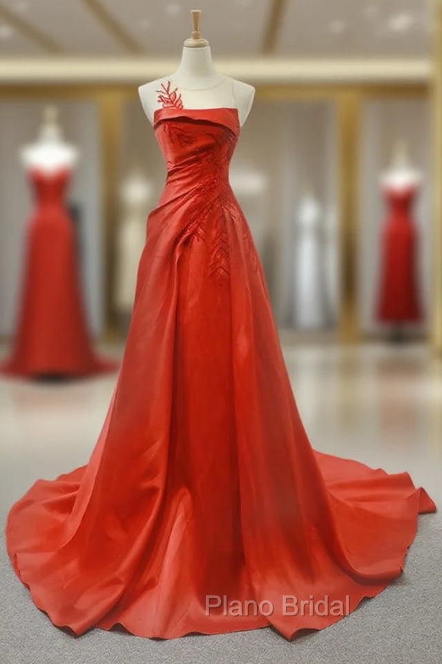 A-Line Red Satin Pleats Beading Backless Long Formal Prom Dresses Main image