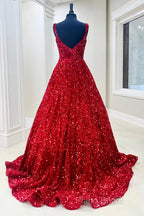 A-Line Red Sequin Quince Dresses Square Neck Backless Long Formal Prom Dresses