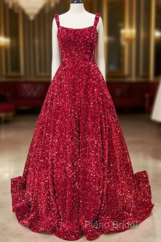 A-Line Red Sequin Quince Dresses Square Neck Backless Long Formal Prom Dresses Main image