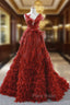 A-Line Red Sequins Feather V-neck Deep Backless Wedding Dresses