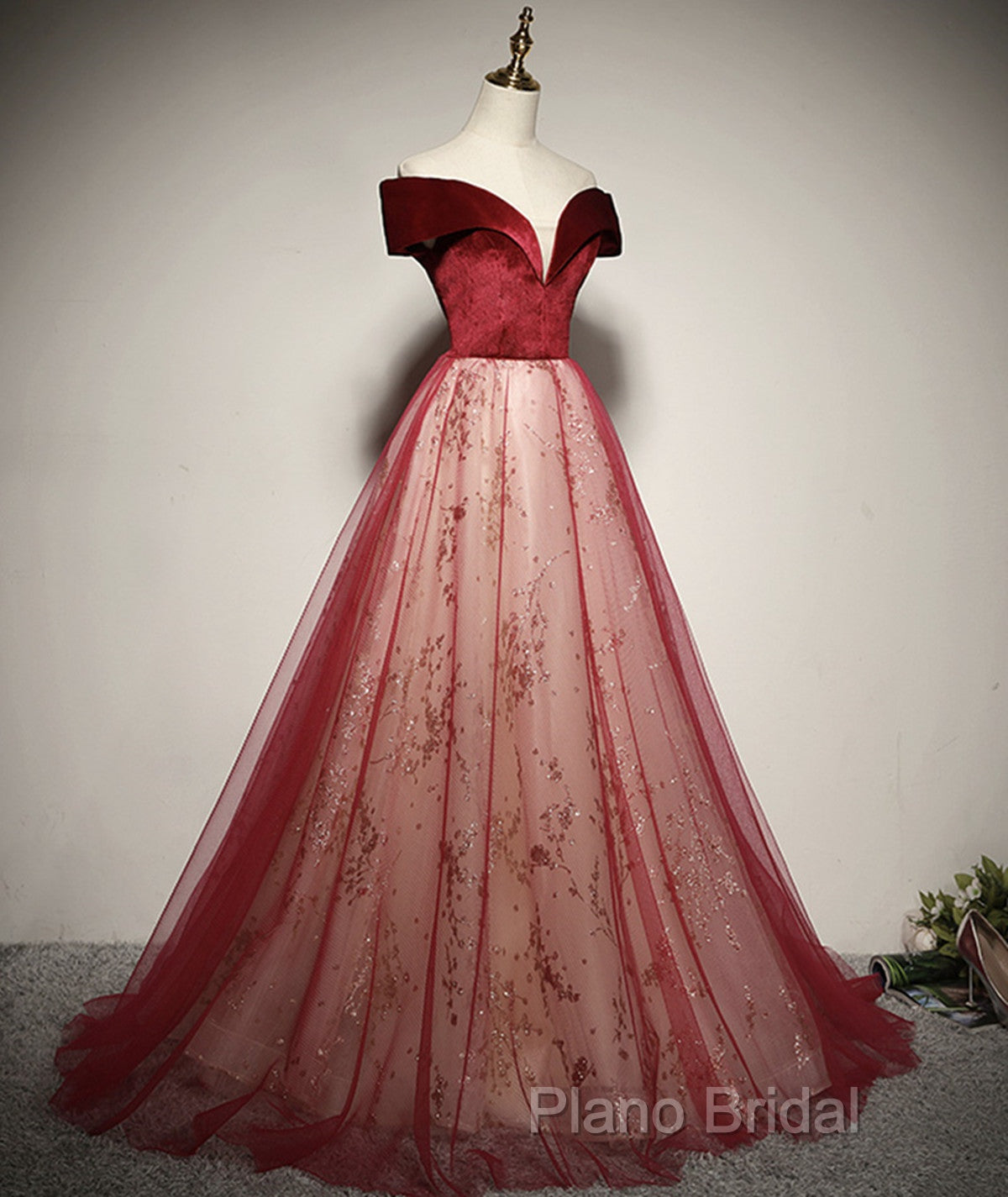A-Line Red Tulle And Velvet Off Shoulder Long Formal Prom Dresses, Red Formal Dresses Secondary image
