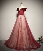 A-Line Red Tulle And Velvet Off Shoulder Long Formal Prom Dresses, Red Formal Dresses