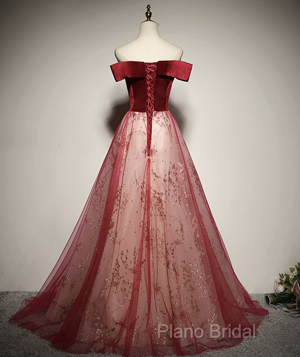 A-Line Red Tulle And Velvet Off Shoulder Long Formal Prom Dresses, Red Formal Dresses