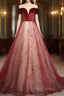 A-Line Red Tulle And Velvet Off Shoulder Long Formal Prom Dresses, Red Formal Dresses