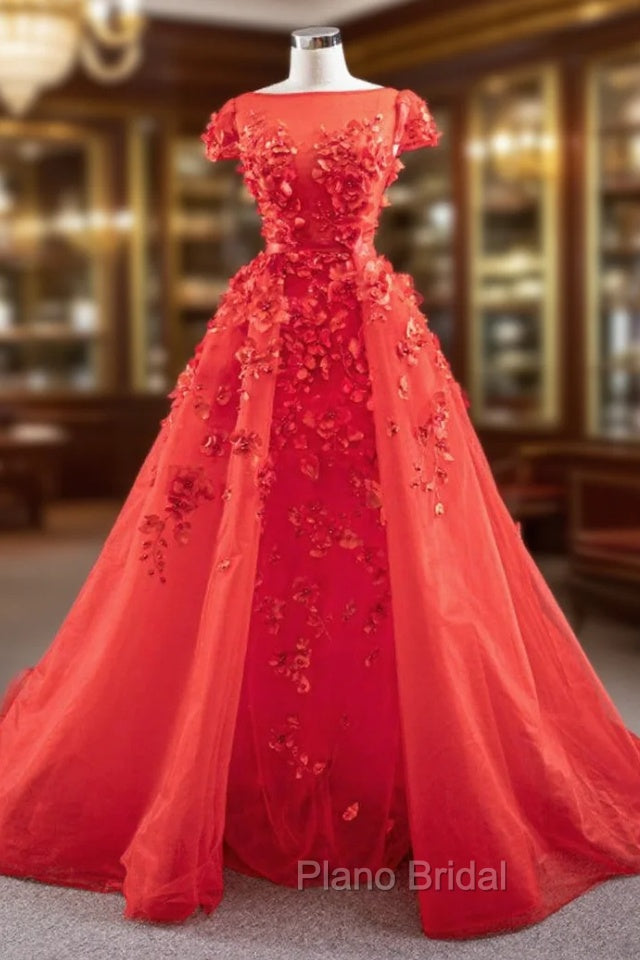 A-Line Red Tulle Appliques Cap Sleeve Formal Prom Dresses With Removable Train Main image