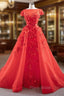 A-Line Red Tulle Appliques Cap Sleeve Formal Prom Dresses With Removable Train