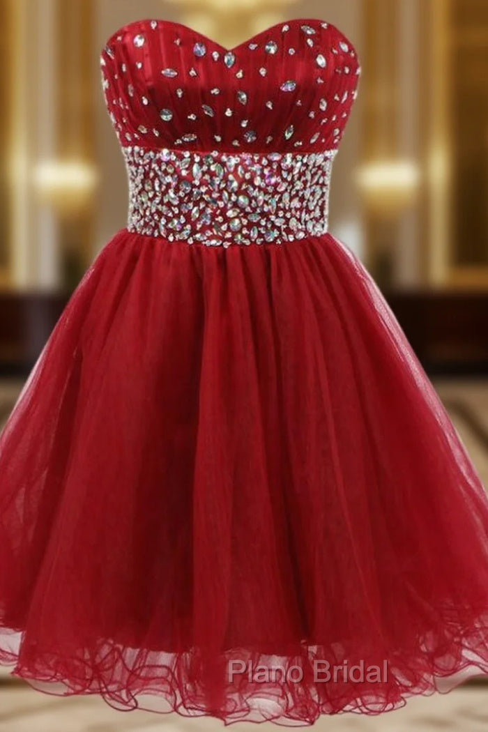 A-Line Red Tulle Sweetheart Homecoming Dresses With Crystal
