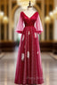 A-Line Red Tulle V-neck Long Sleeve Backless Formal Prom Dresses