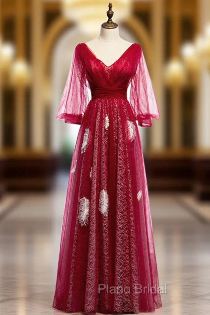 A-Line Red Tulle V-neck Long Sleeve Backless Formal Prom Dresses Main image