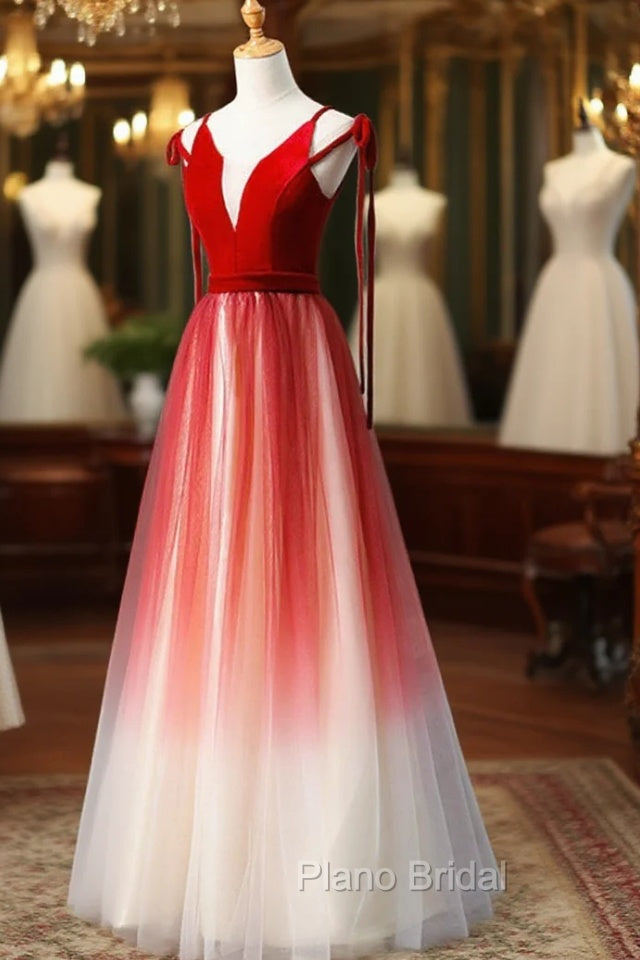 A-Line Red Velvet Tulle Long Formal Prom Dresses, Red Formal Dresses Secondary image