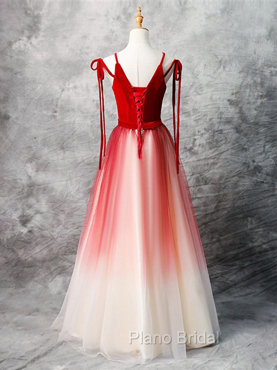 A-Line Red Velvet Tulle Long Formal Prom Dresses, Red Formal Dresses
